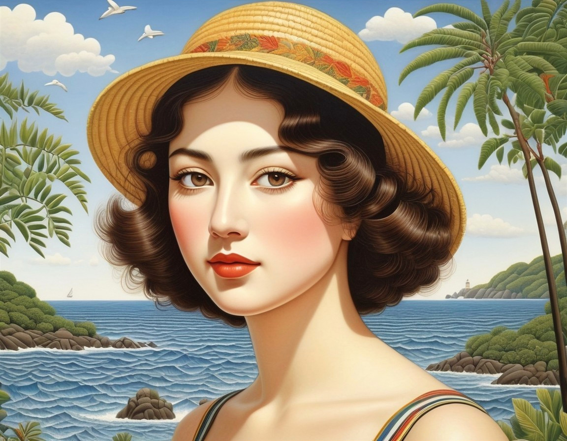 Young woman with curly hair in straw hat and striped dress by serene seascape