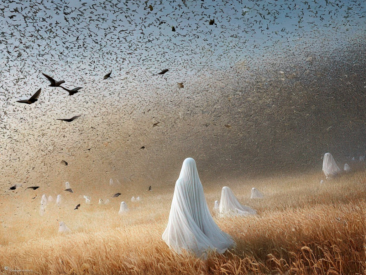Surreal white figures in golden field with flying birds