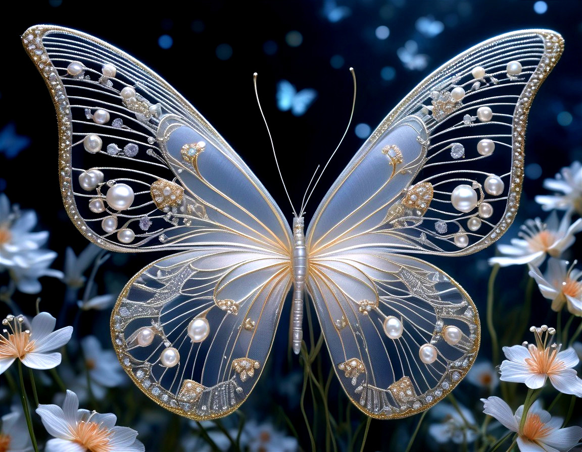 Intricate Butterfly Design with Pearls and Gemstones