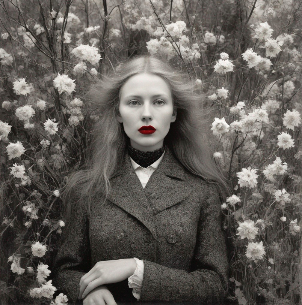 Black-and-white portrait of a woman with flowers