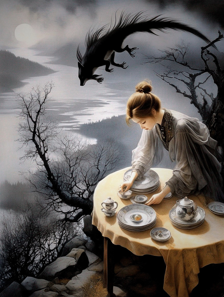 Woman in Grey Dress Sets Table on Cliff Overlooking Valley