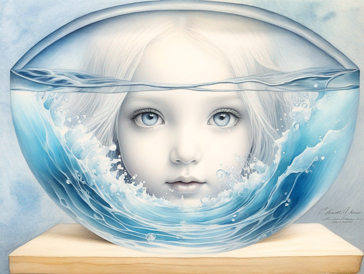 Girl's Face in a Fishbowl with Swirling Blue Water