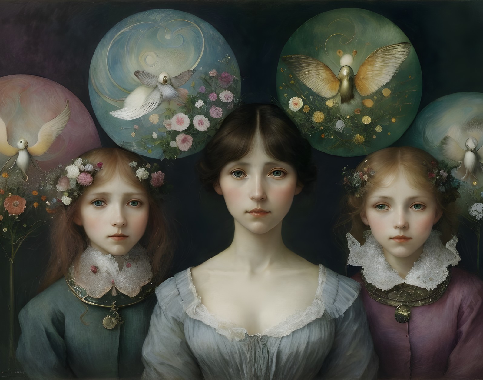 Ethereal girls in floral headpieces with nature backdrop