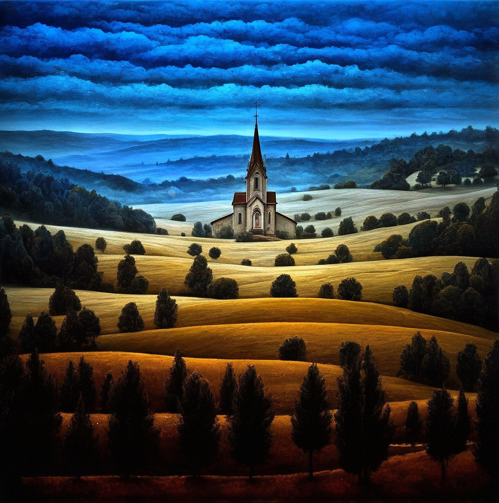 Serene landscape with church in golden fields and rolling hills