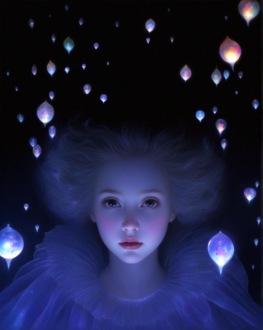 Digital Portrait of Girl with Crystals on Dark Background