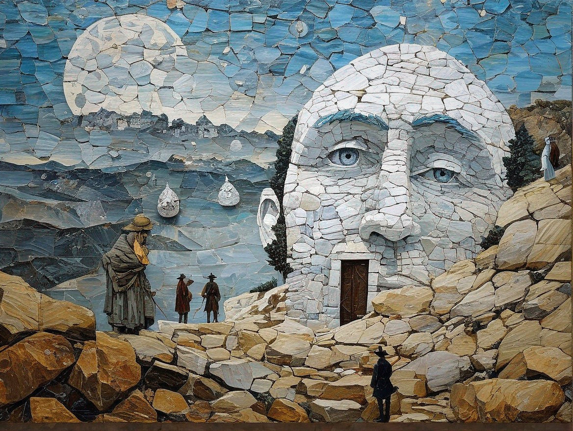 Mosaic Artwork of Stone Face with Door in Landscape