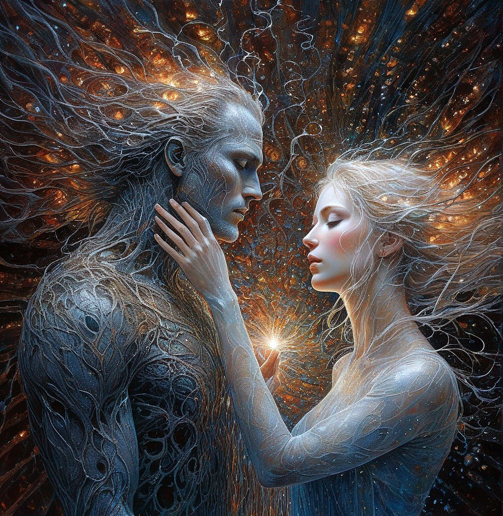 Ethereal Woman and Dark Figure in Cosmic Unity