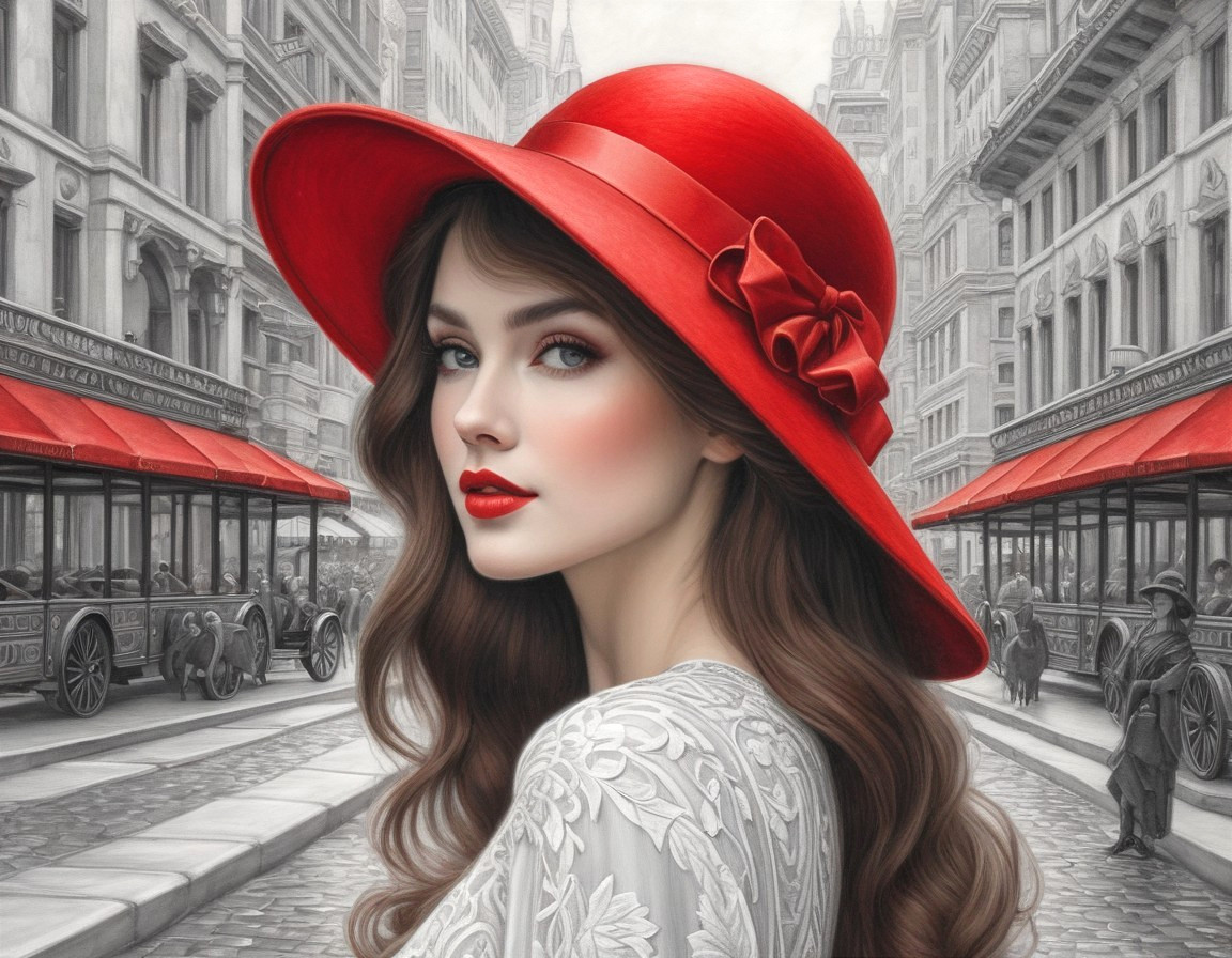 Young Woman in Red Hat Against Vintage Cityscape
