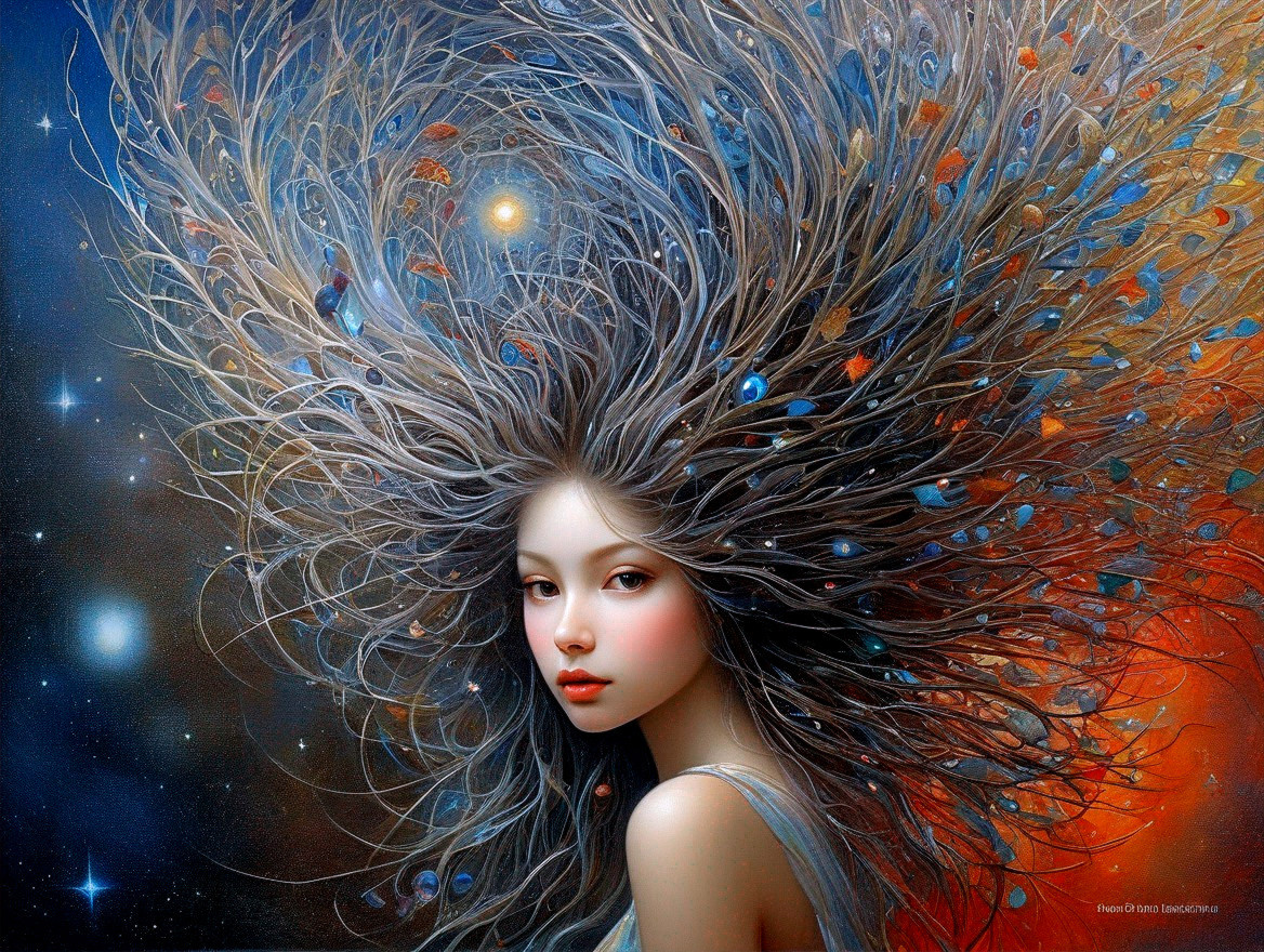 Painting of a Woman with Cosmic Hair and Background