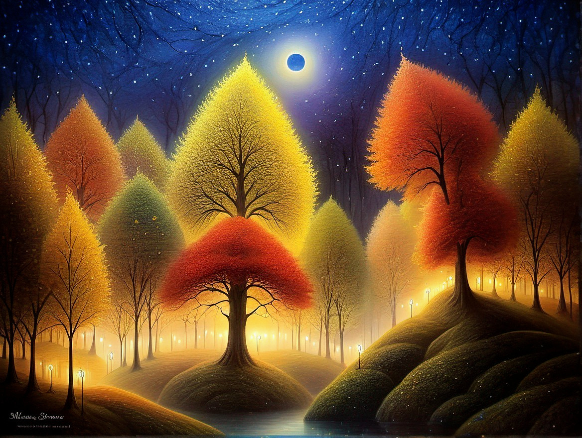 Surreal Moonlit Forest with Colorful Foliage and Water