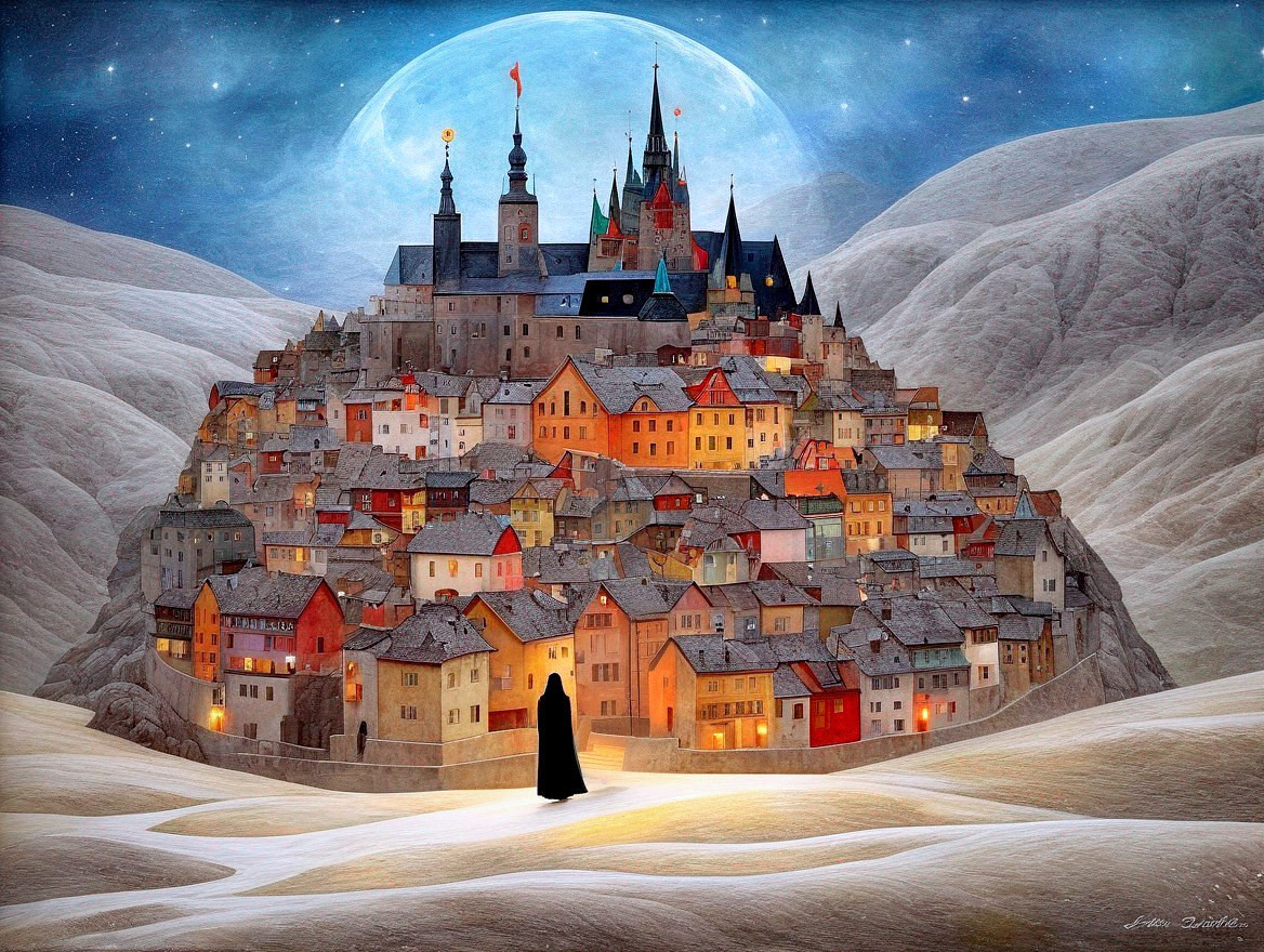 Whimsical Illustration of a Colorful City at Night