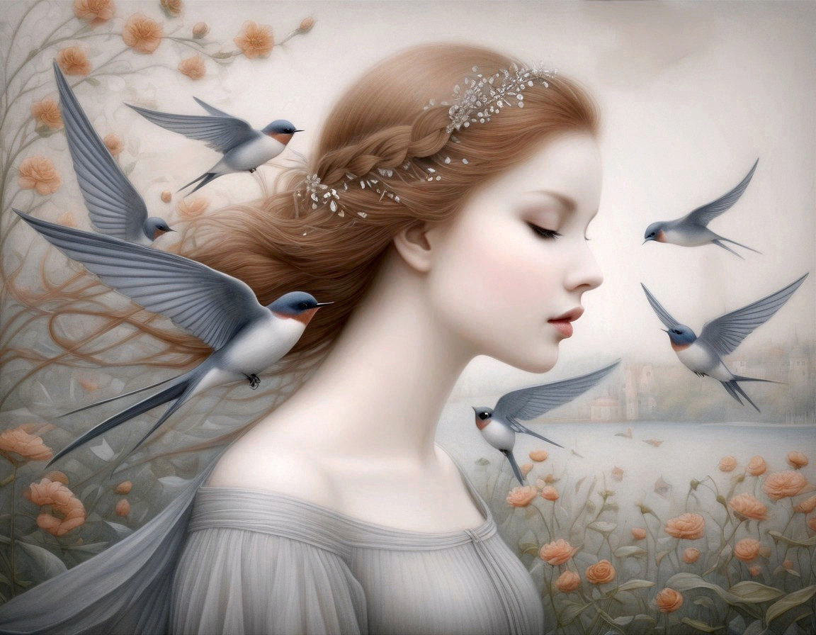 Serene Woman Surrounded by Bluebirds and Roses