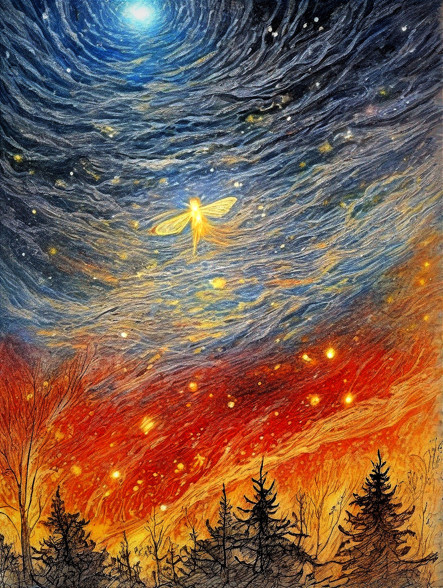 Night Sky with Swirling Colors and Ethereal Figure
