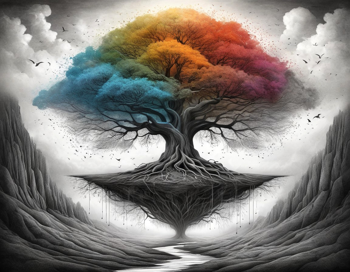 Surreal Floating Tree with Colorful Foliage and River