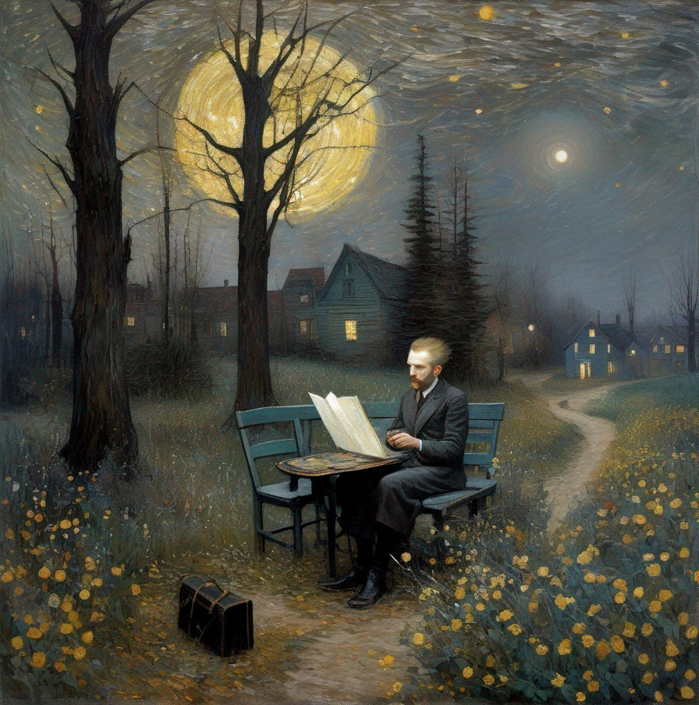 Moonlit Garden Scene with Contemplative Figure Reading