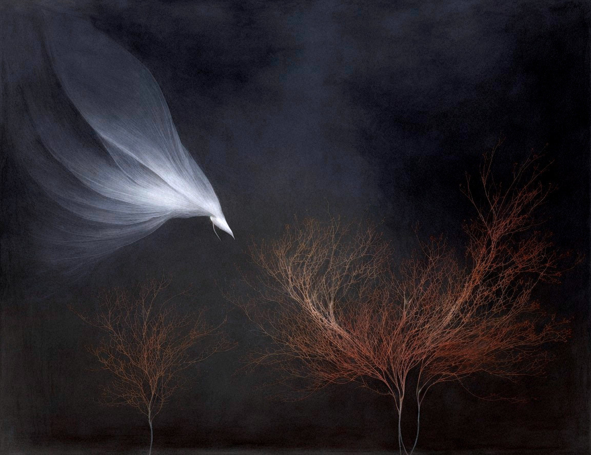 Dark Scene with Ghostly Bird Figure and Leafless Trees