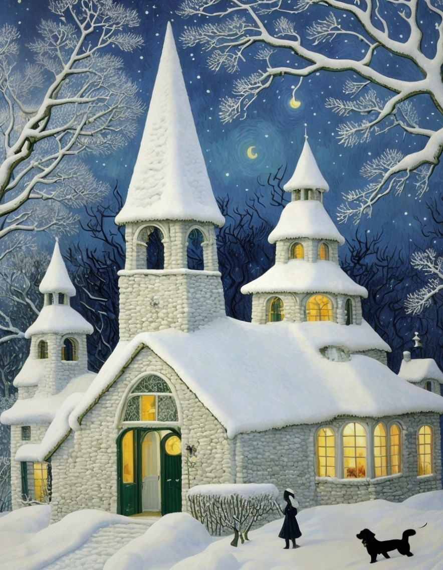Person walking dog near snow-covered church on starry winter night