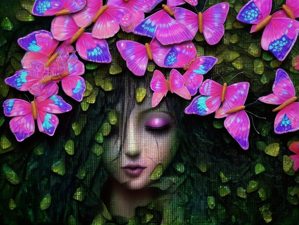 Ethereal Figure Surrounded by Vibrant Butterflies