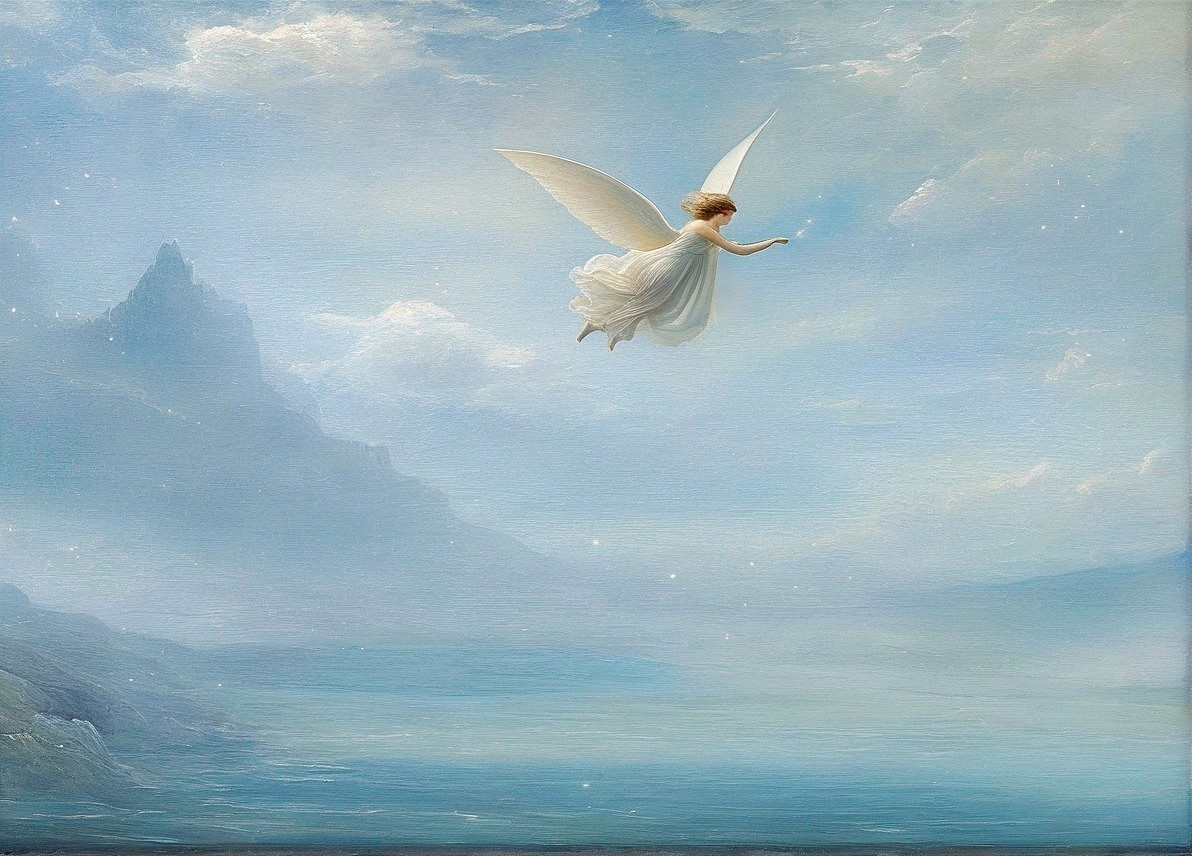 Serene landscape with fairy above tranquil water