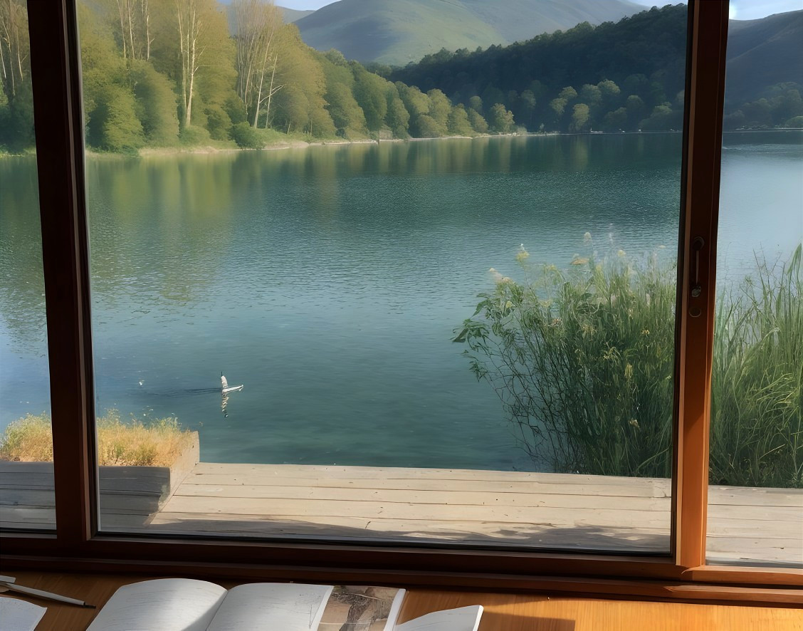 Serene Lakeside View with Reflections and Nature Elements