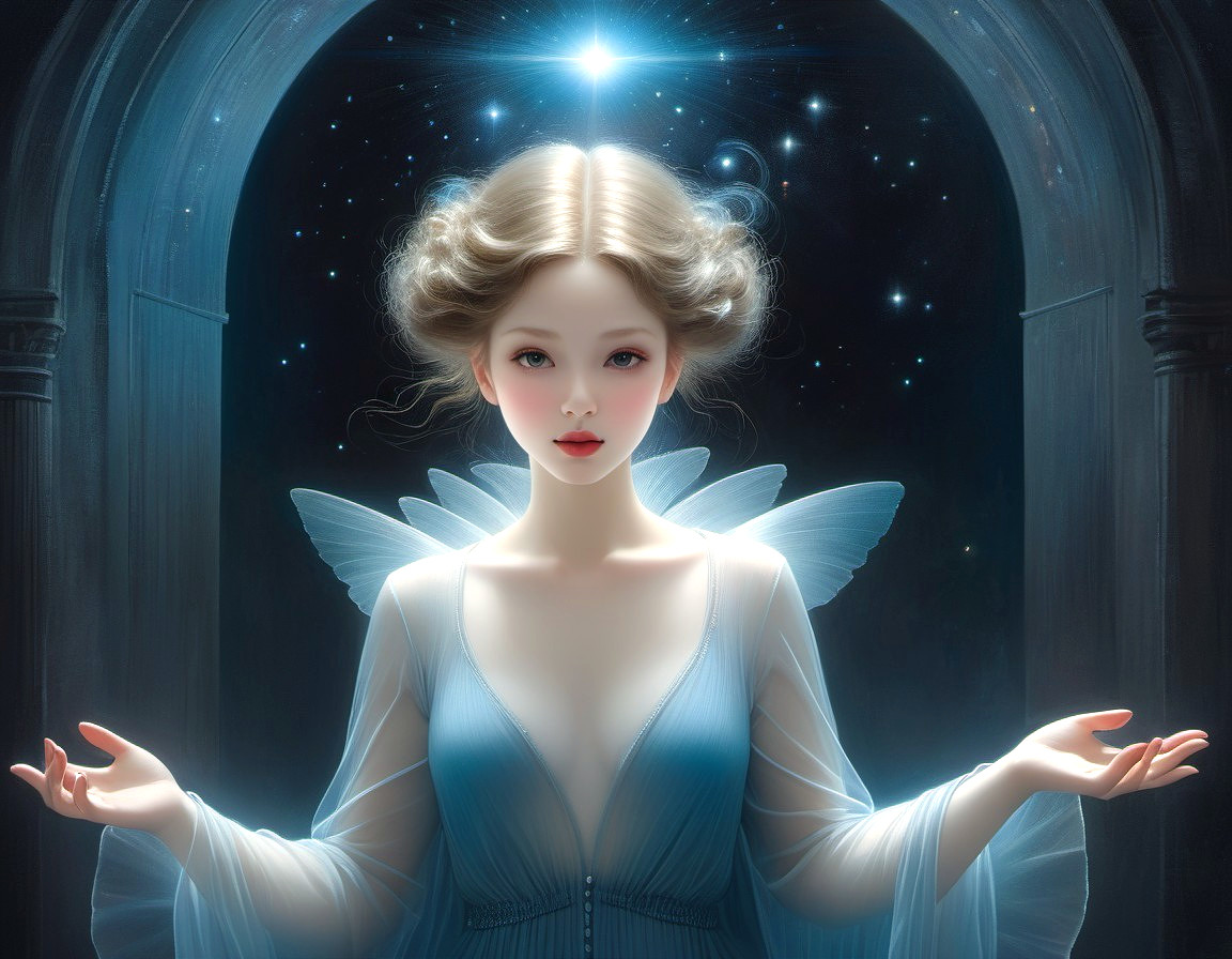 Ethereal Figure in Dim Archway with Twinkling Stars