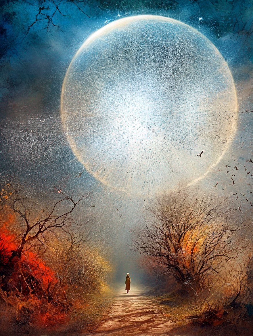 Lone Figure Approaches Glowing Orb in Autumn Forest