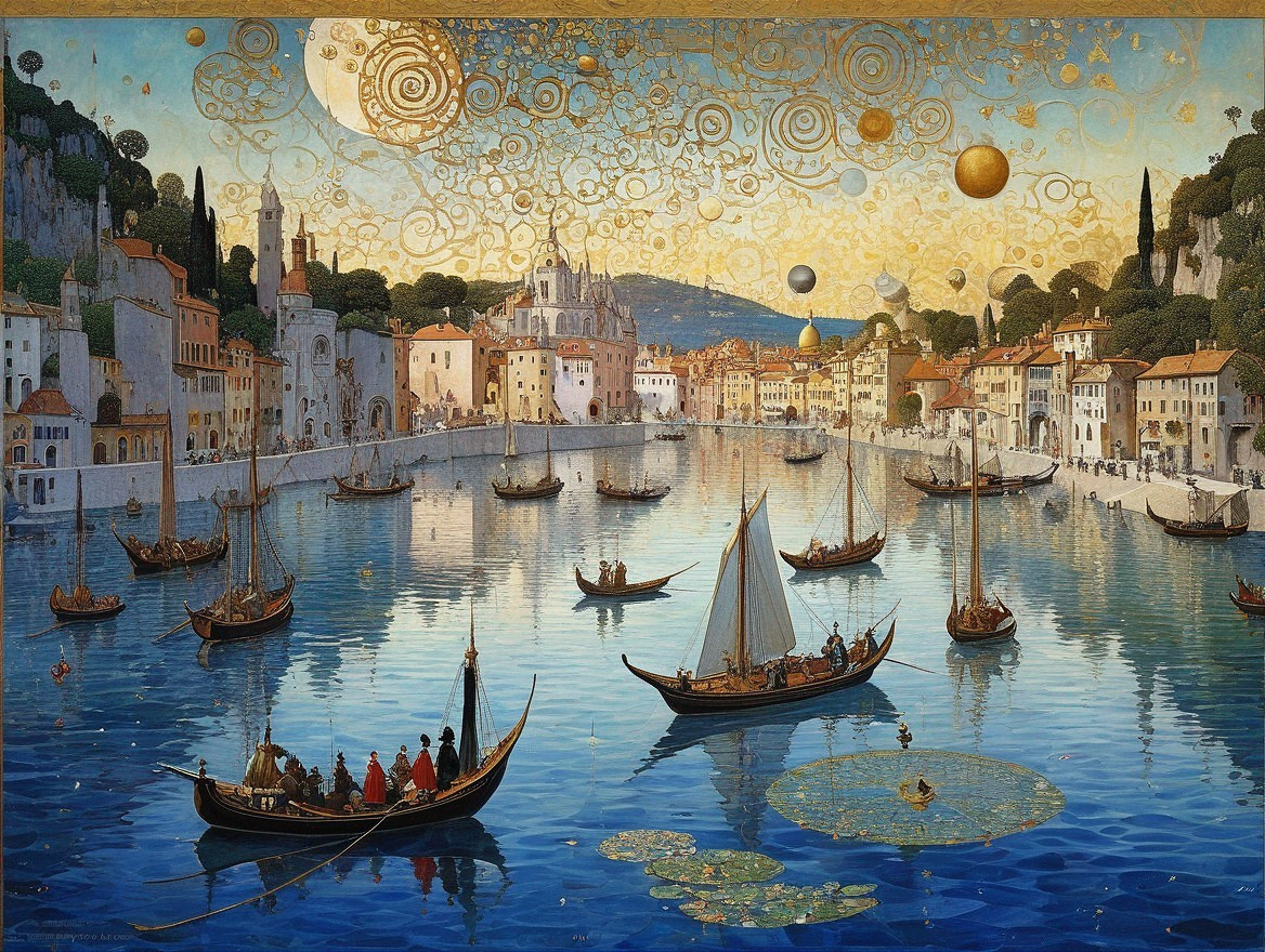 Coastal Scene with Boats and Mediterranean Town Background