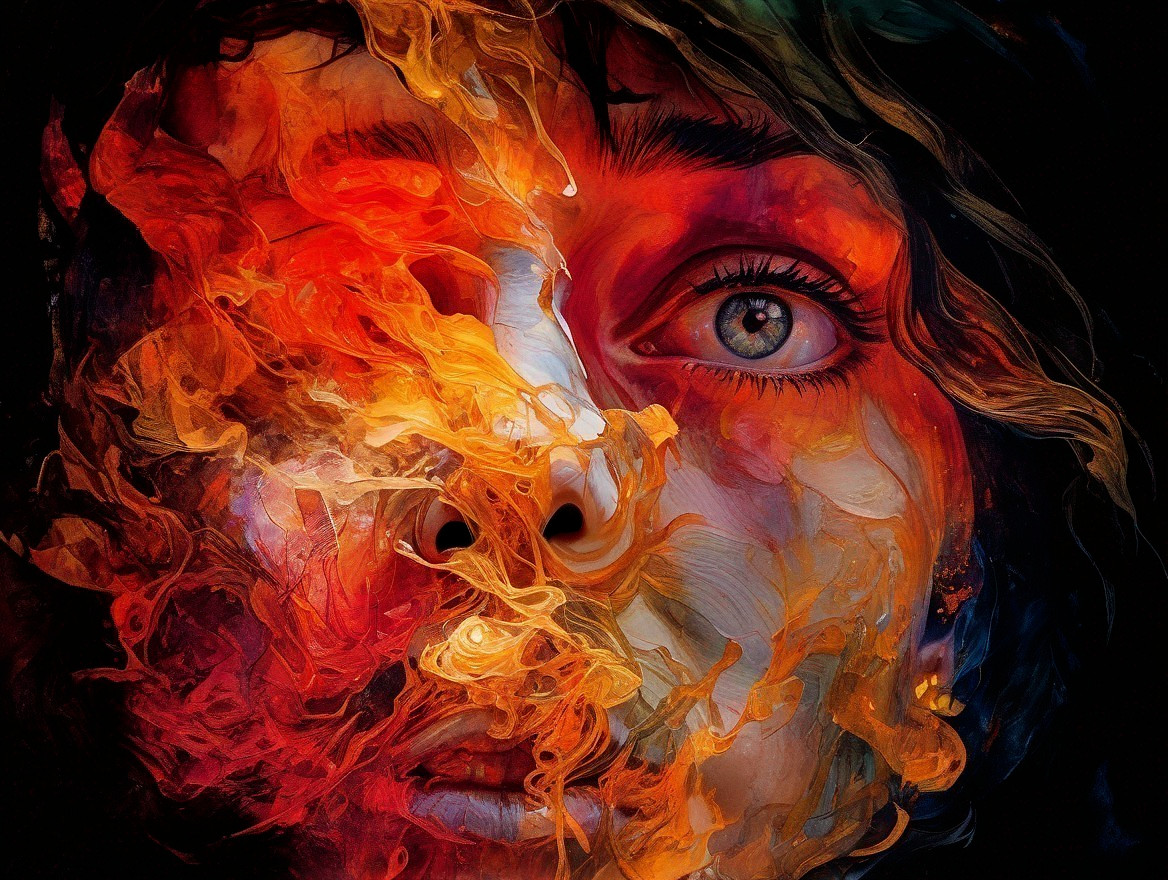 Colorful face artwork with blue eye and fiery swirls in shadows