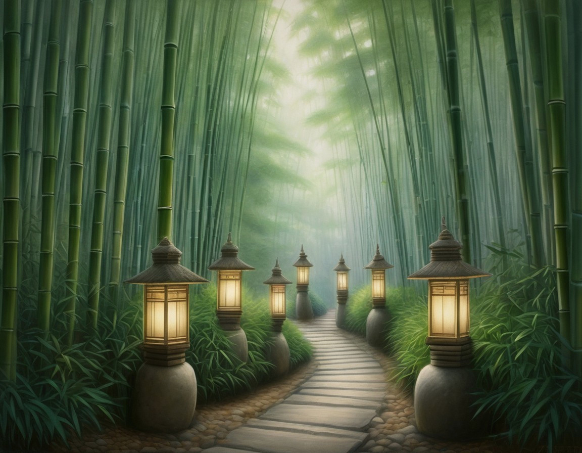 Bamboo Forest Path with Glowing Lanterns and Mist