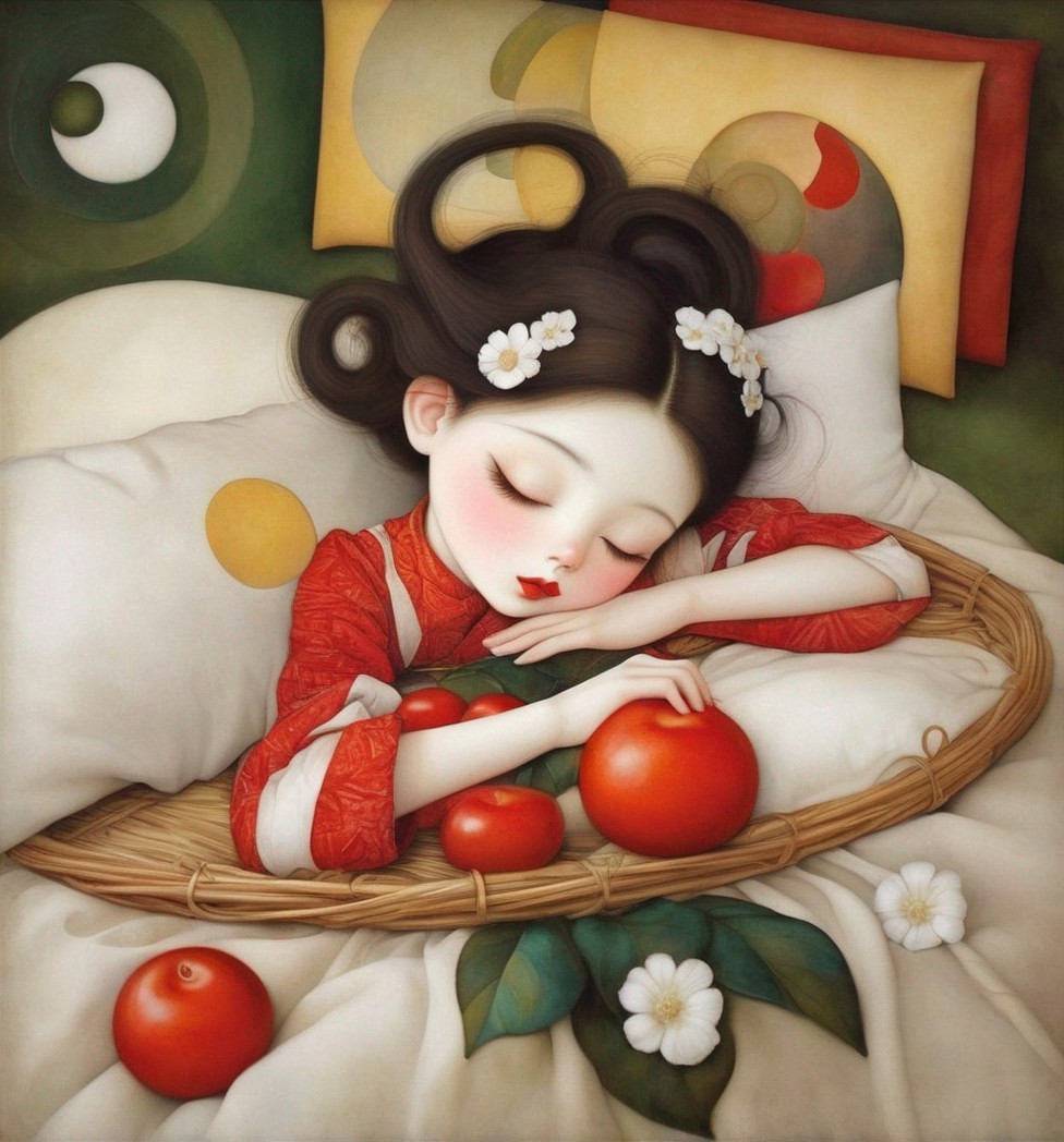 Illustration of a Girl Sleeping in a Basket with Apples