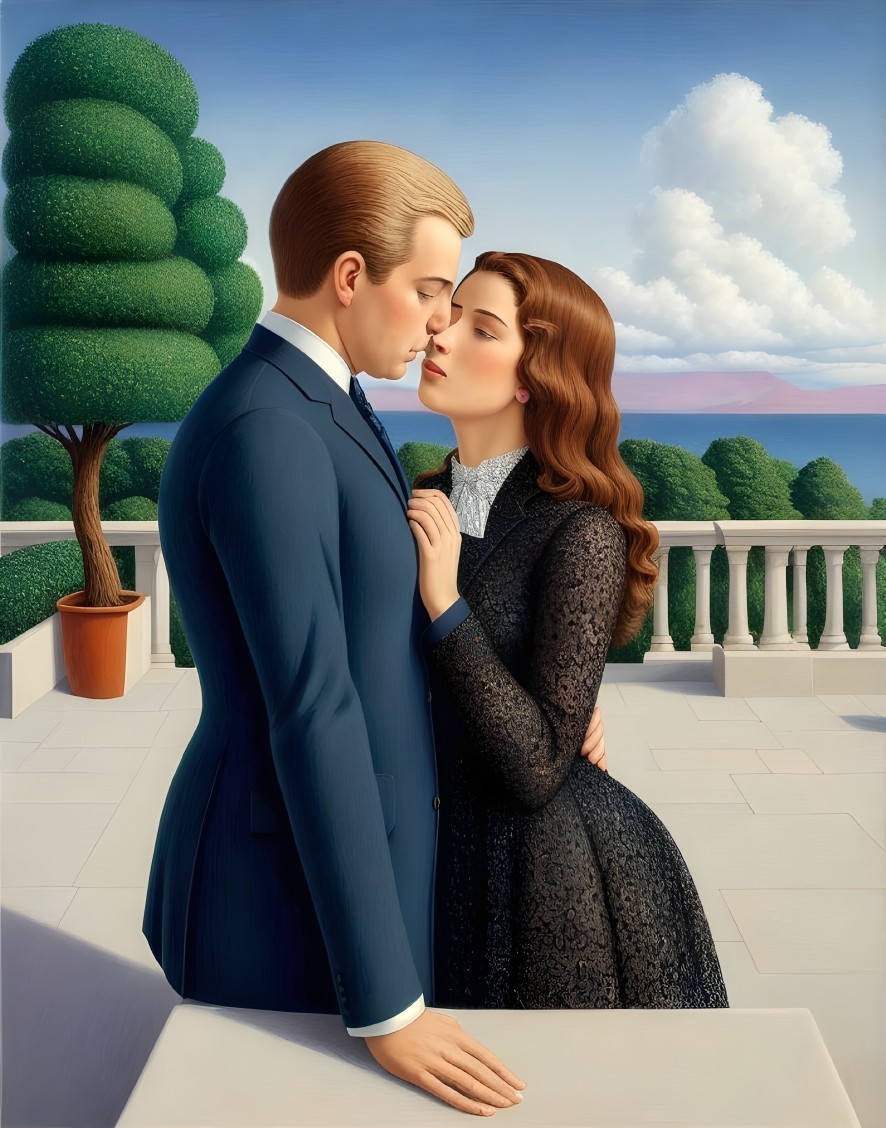 Couple embracing in stylized painting with serene landscape