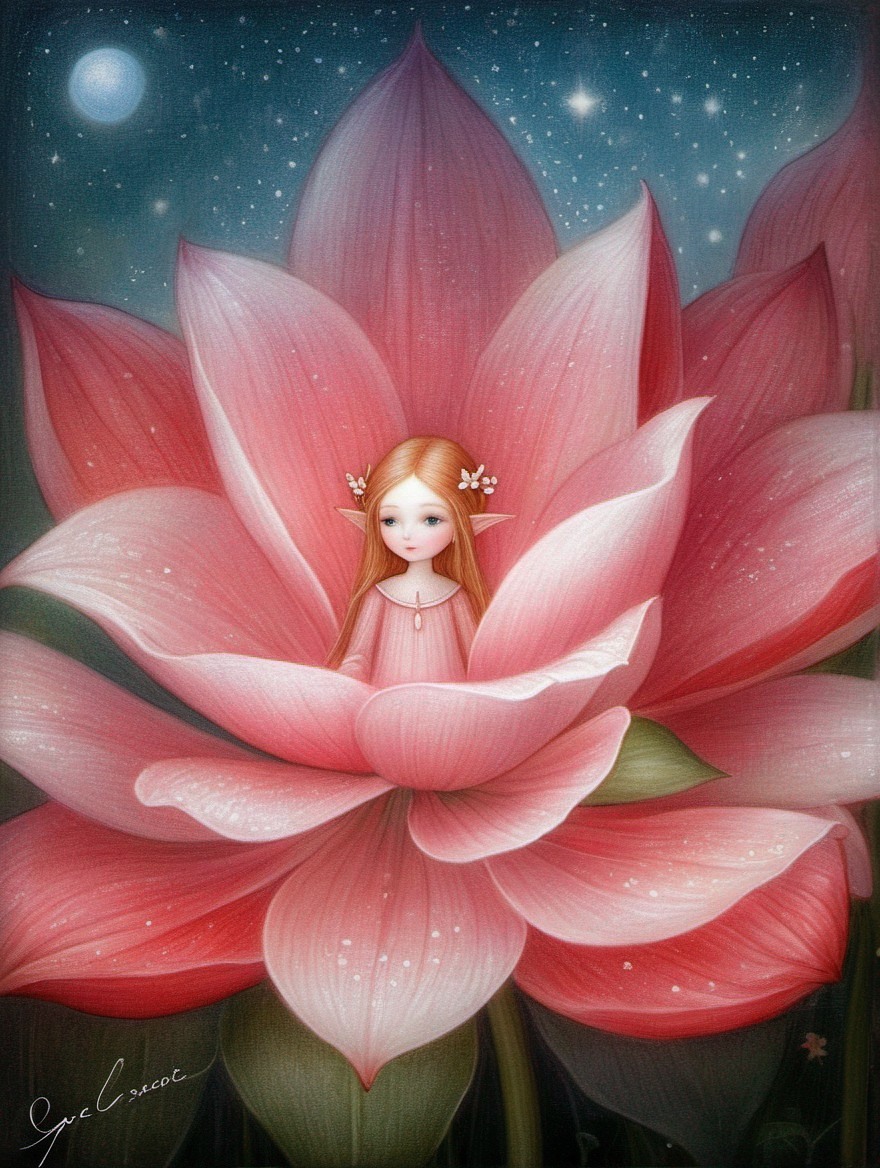 Whimsical Fairy in Blooming Pink Lotus Flower