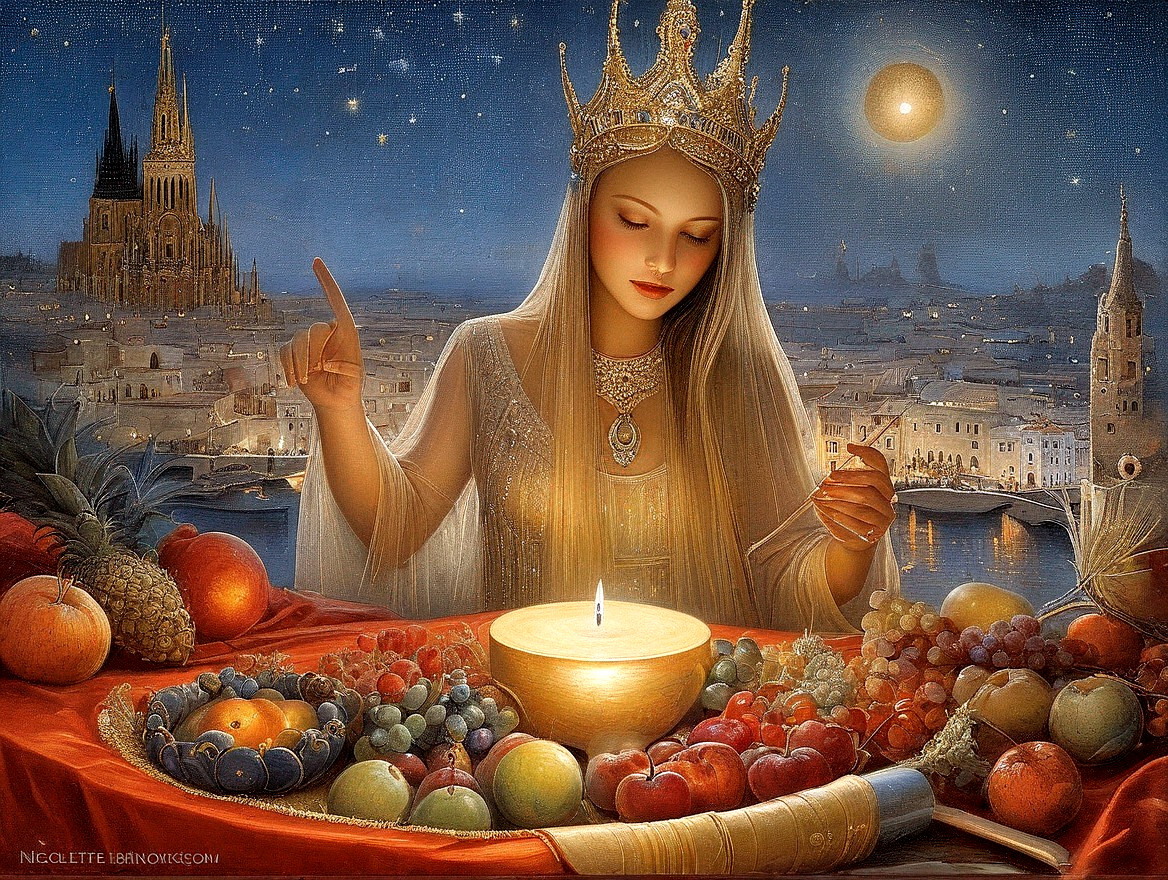 Queen with Crown and Veil in Moonlit Cityscape