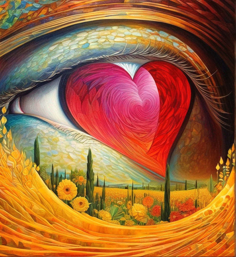 Vibrant Eye with Heart-Shaped Pupil in Nature Landscape