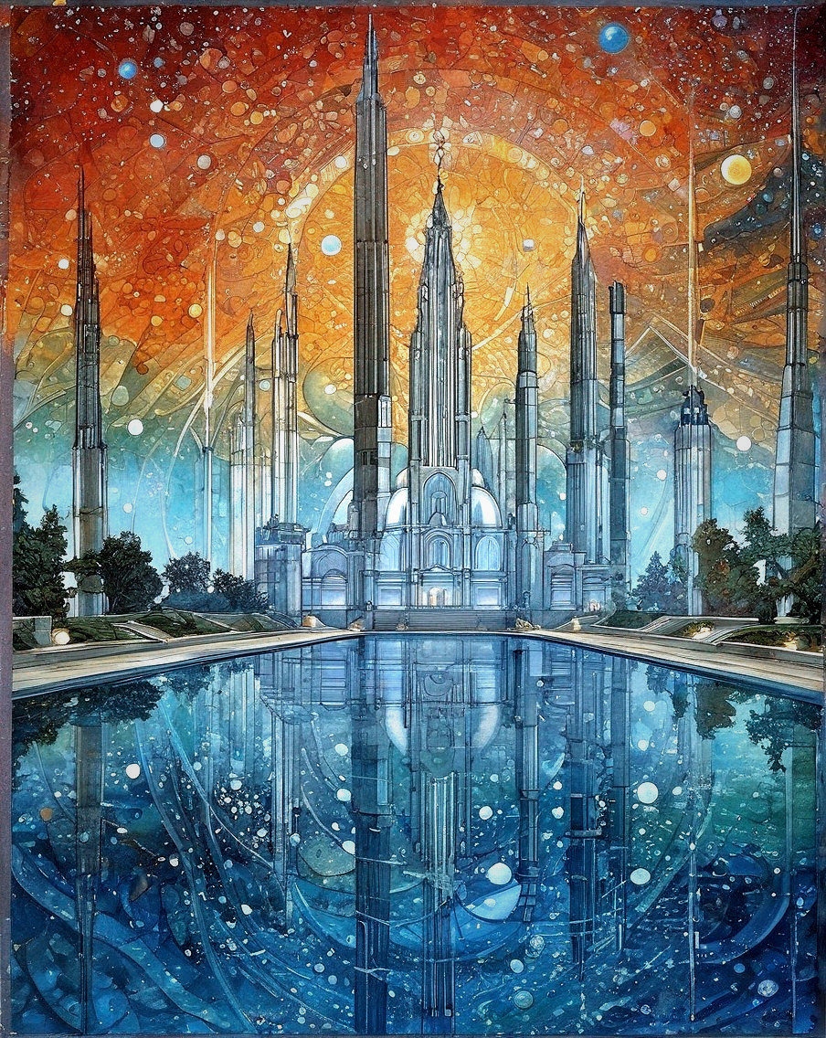 Futuristic cityscape with reflections in calm water