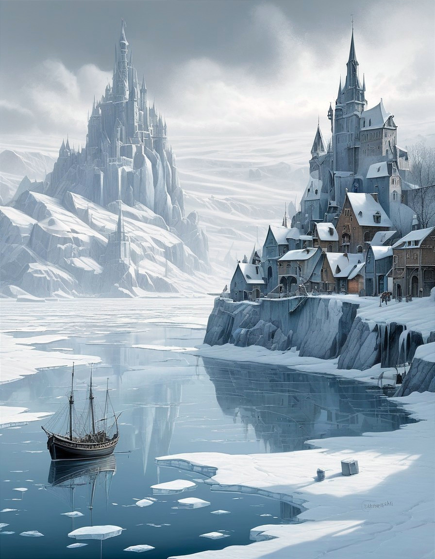 Winter Landscape with Castles and Frozen Lake