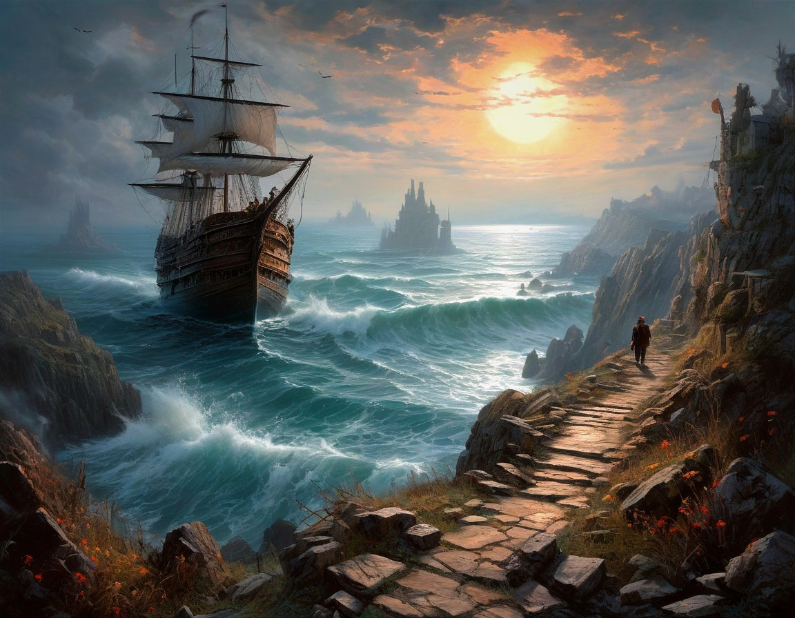 Tall Ship Sailing Near Cliffs at Sunset