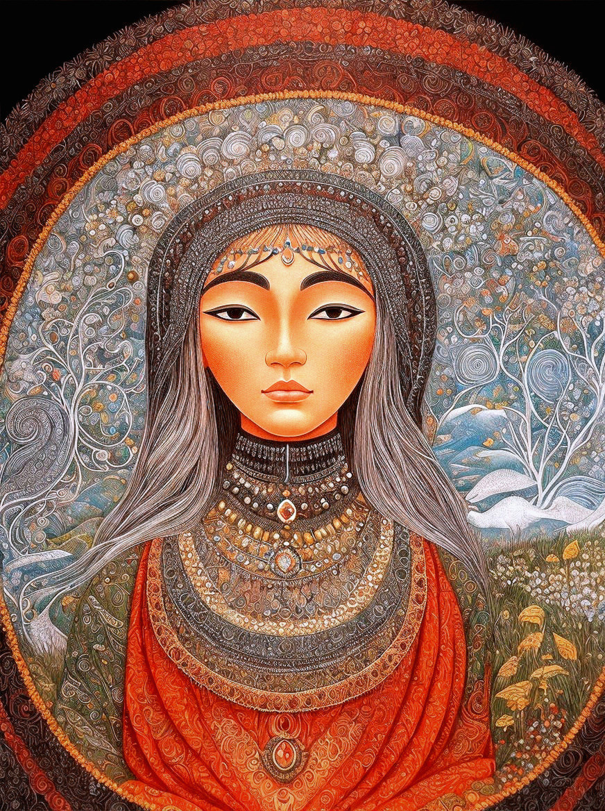 Intricate Painting of Woman in Vibrant Orange Garment