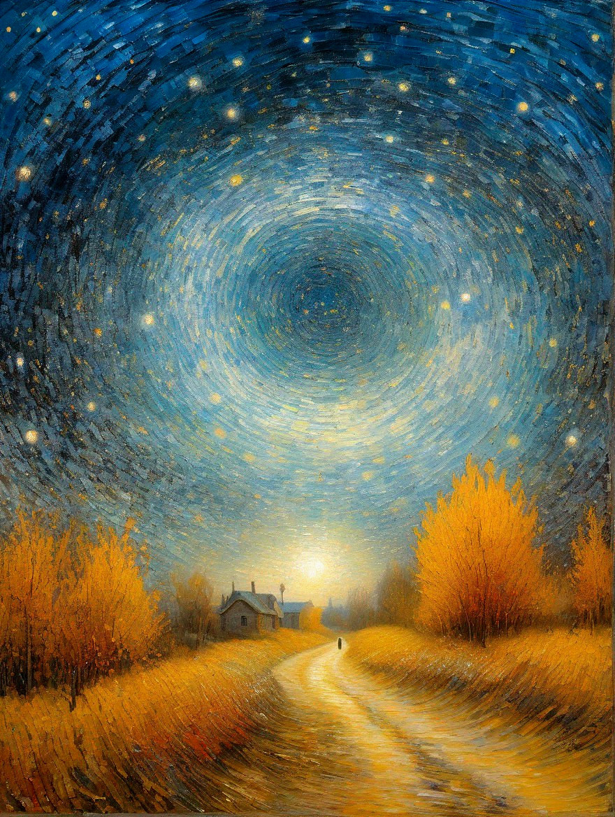 Serene Landscape with Swirling Night Sky and Cozy Home