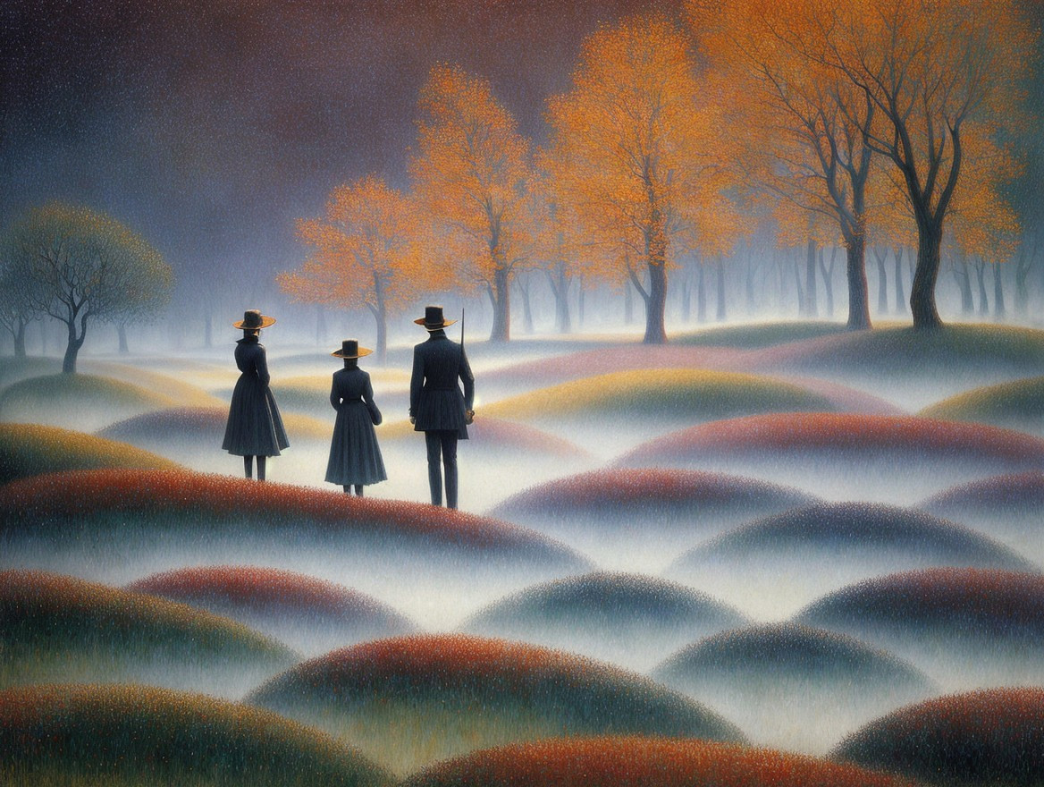 Elegant Figures on Autumn Hills with Misty Sky