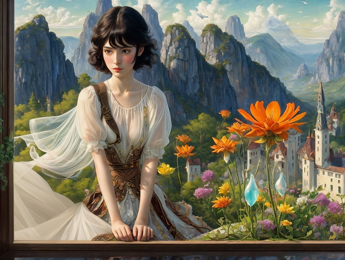 Woman with short black hair in white and gold dress among vibrant flowers and fantasy landscape
