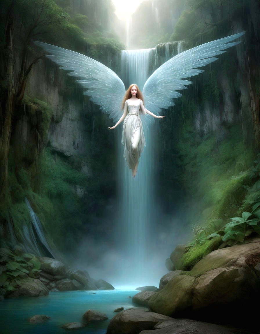Serene Figure with Wings in Mystical Forest Waterfall