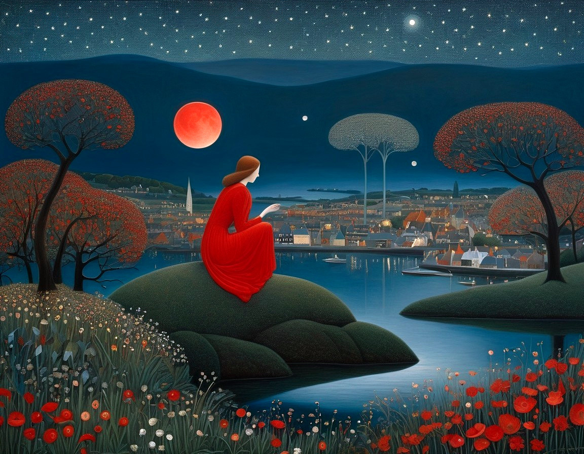Nighttime Landscape with Woman in Red Dress by Lake