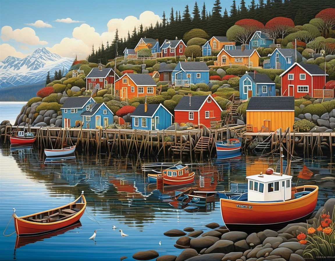 Colorful Waterfront Houses with Boats and Mountains