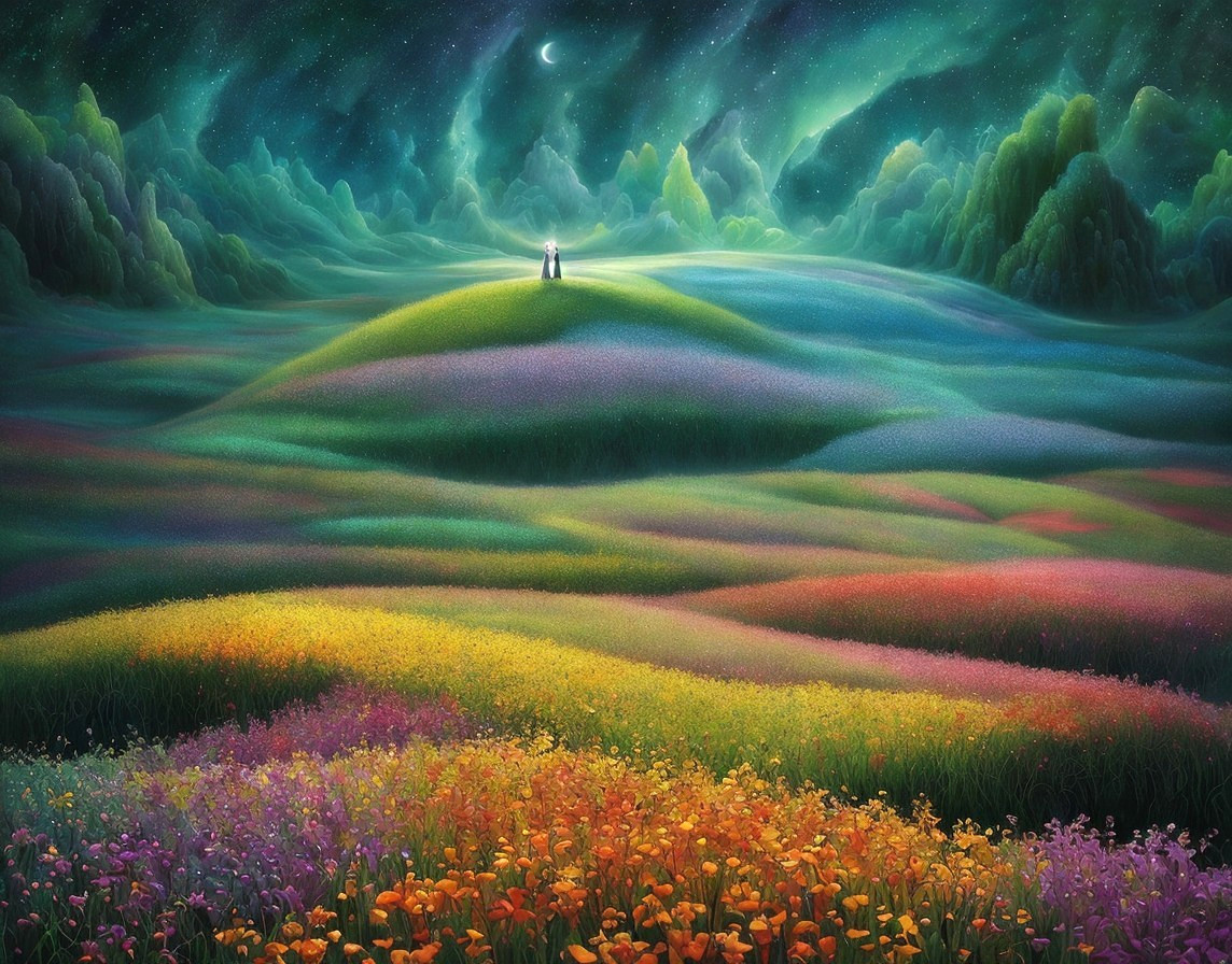 Colorful flower fields under green aurora sky with person on hill