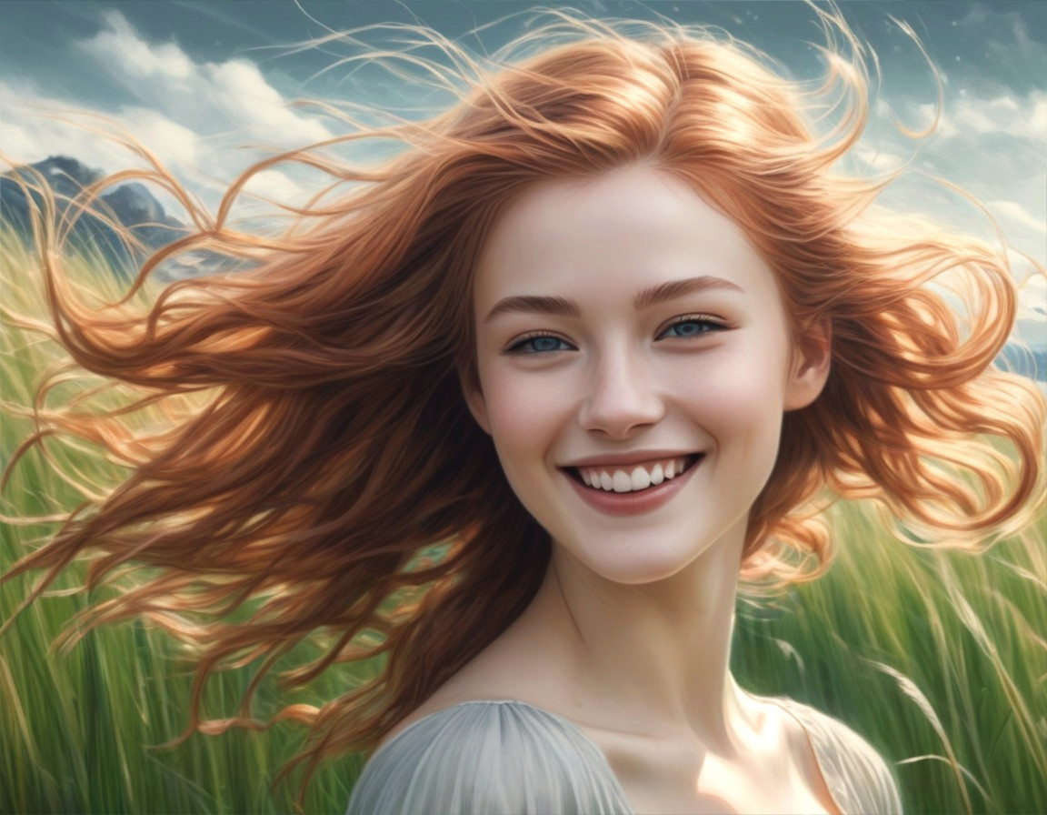 Young Woman with Red Hair in Lush Green Fields