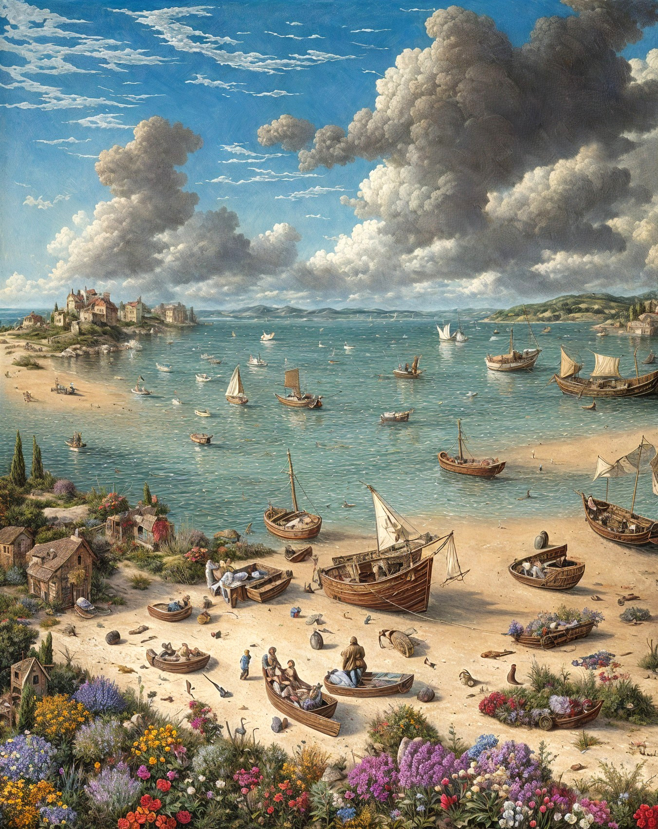 Coastal Scene with Wildflowers and Fishing Boats
