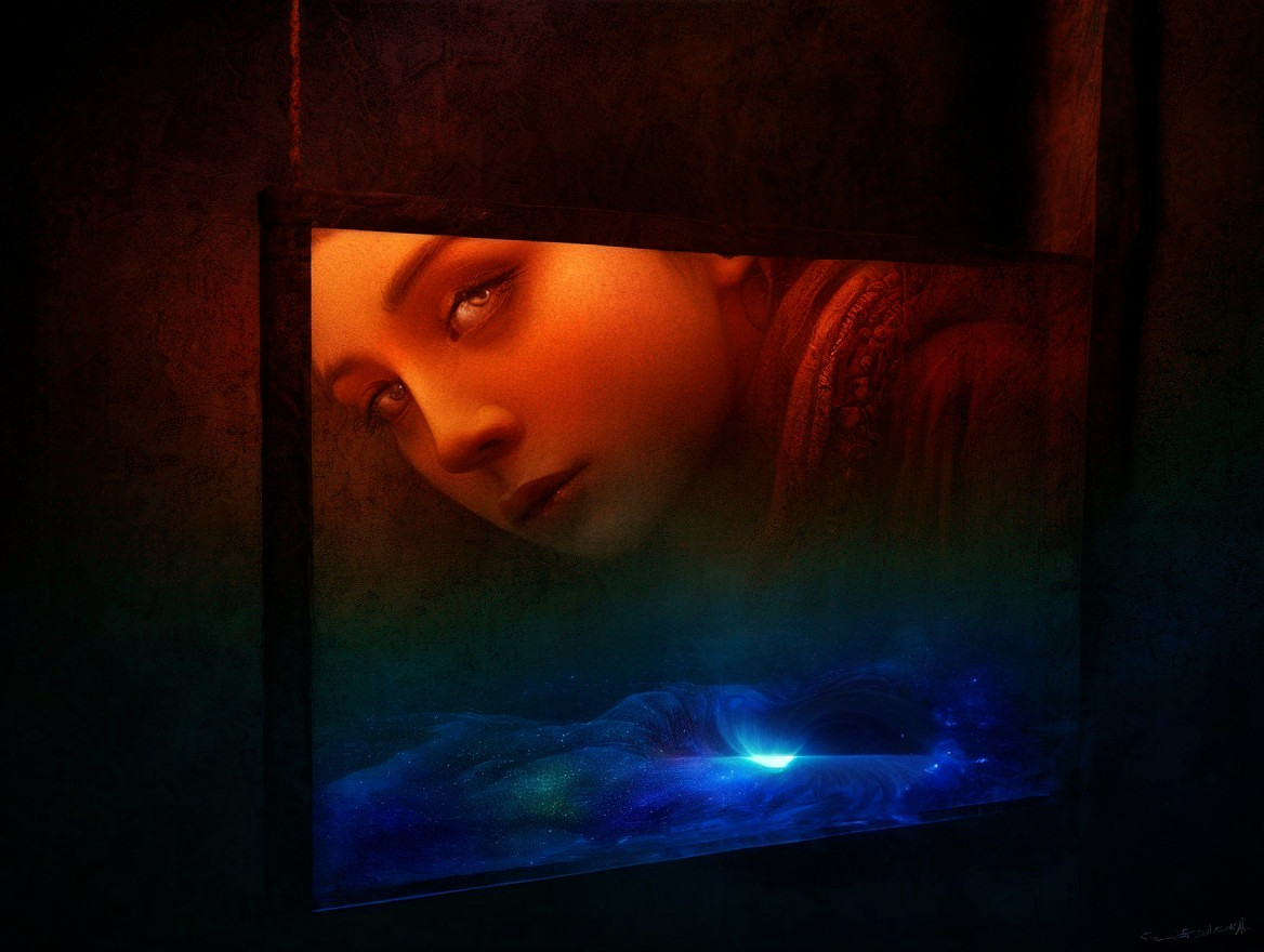 Portrait of a woman’s face in dark water setting