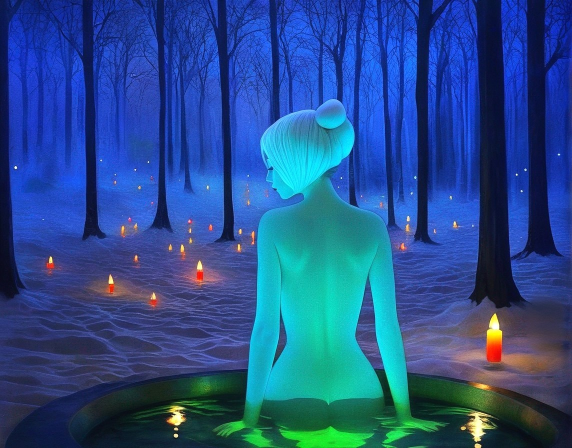 Blue-skinned female figure in mystical forest pool with glowing candles