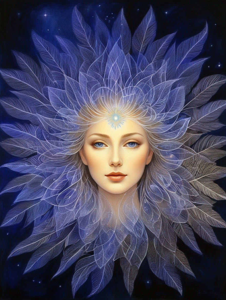 Ethereal face with swirling blue and white leaf patterns